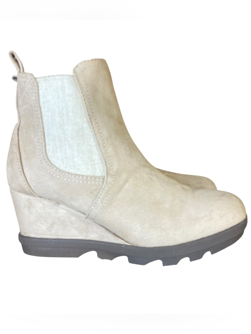 Serra Wedge Heel Chelsea Boots Beige Faux Suede Slip On Pull Tabs Chunky Sole 9